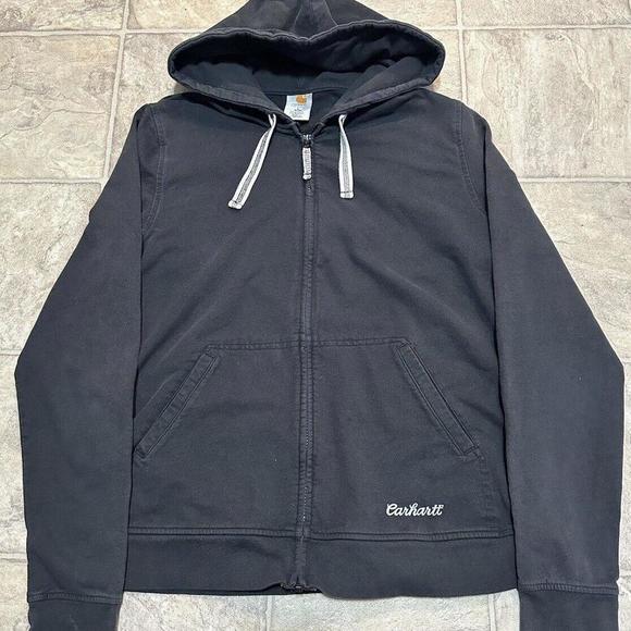 Carhartt Pants - Carhartt Hoodie Sweatshirt Women's L (12/14) Full Zip Black Spell Out Relaxed